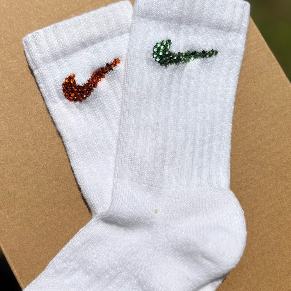 Toddler Crew Socks With Green and Orange Rhinestones
